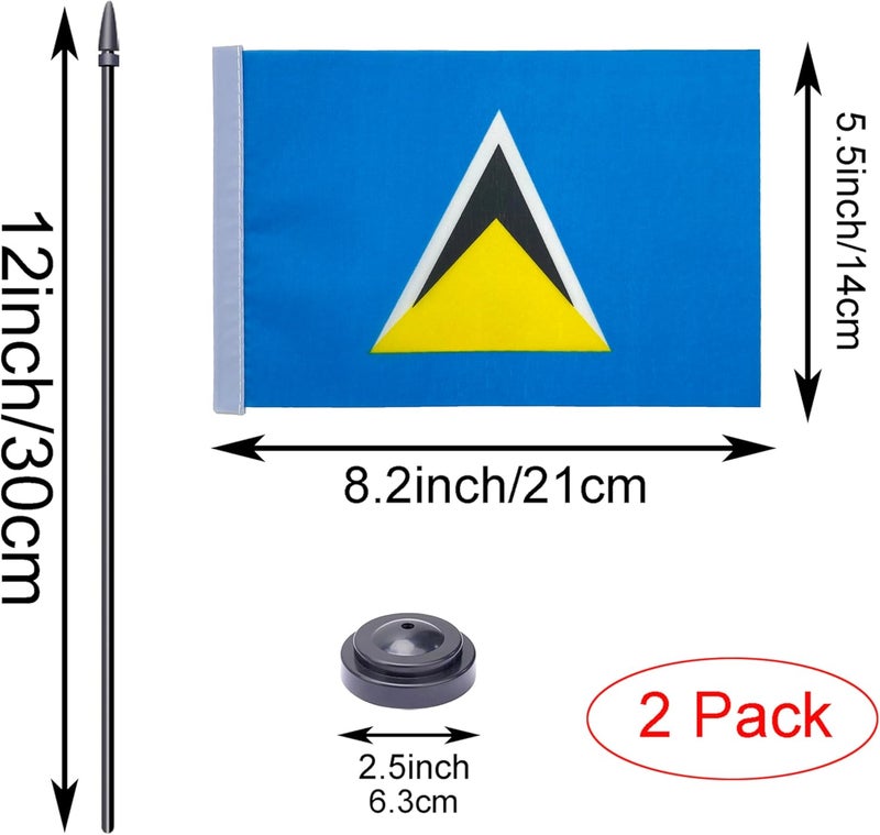 WXTWK 2 Pack Saint Lucia Flag Saint Lucia Deluxe Desk Flag Set - Mini Small Saint Lucia Table Office Flags with Black 12" Solid Pole Stand Base Classroom Meeting Desktop Decorations - Image 2